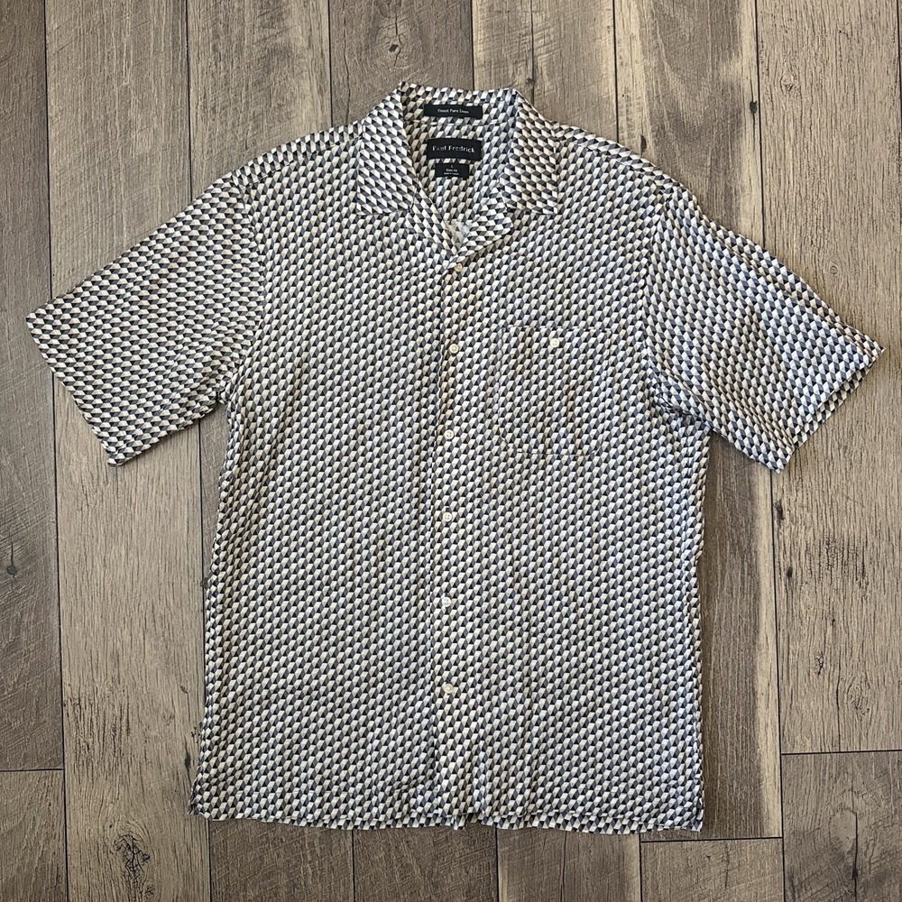 Paul Fredrick Finest Pure Linen Geometric Short Sleeve Slim Fit Button Up Mens L